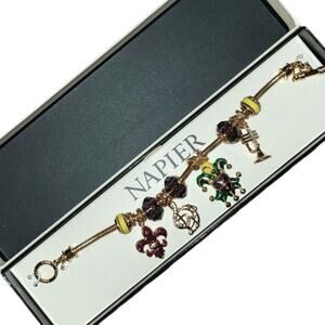 Napier Mardi Gras Charm Bracelet 7.5” Gold Tone Purple Yellow Beads Mask Trumpet